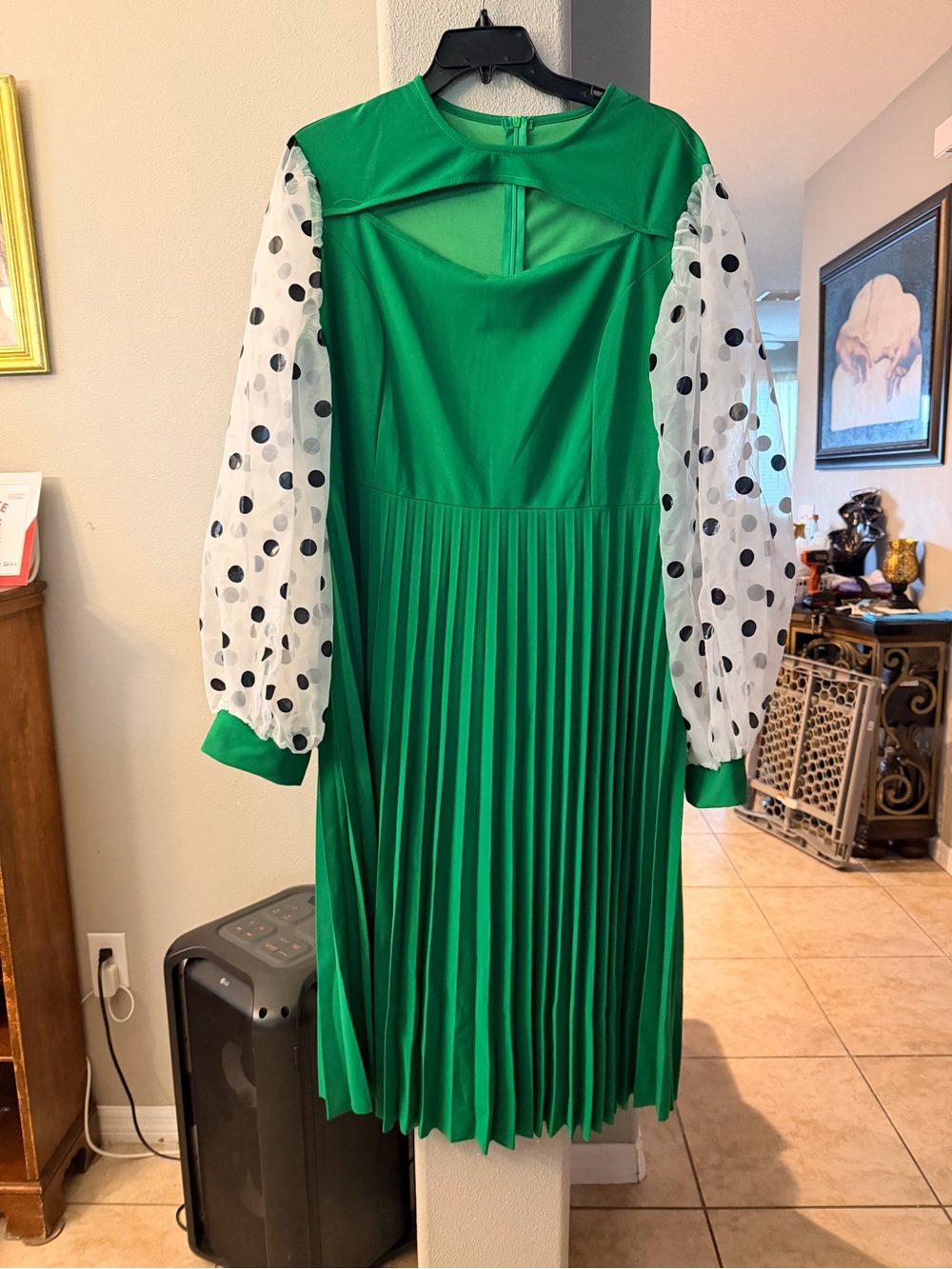 Green Pleated Midi Dress with Polka Dot Sheer Sleeves